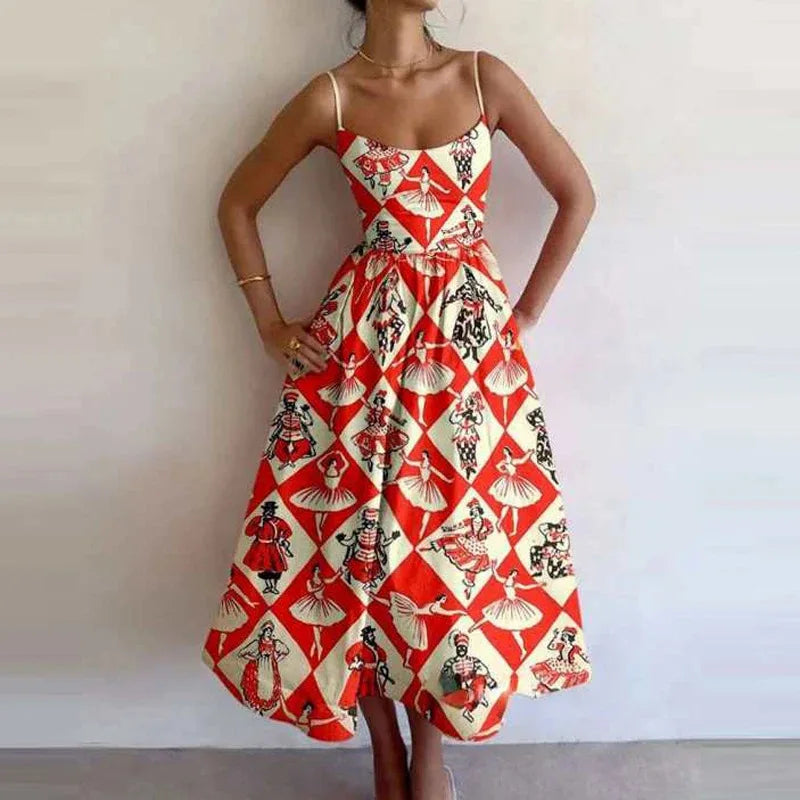 Printed Spaghetti Strap Backless A-Line Dress dresses Dropshipman Orange M