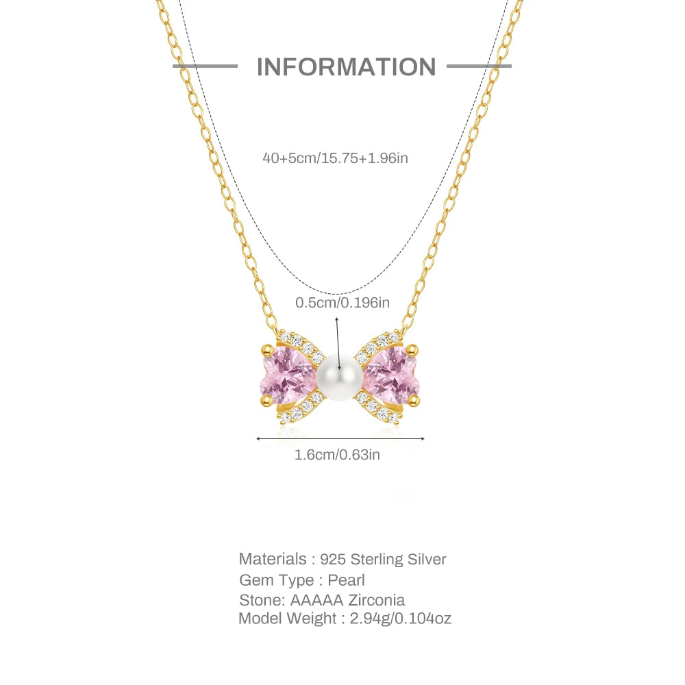925 Sterling Silver Bow Zircon Pearl Necklace necklaces Shopella