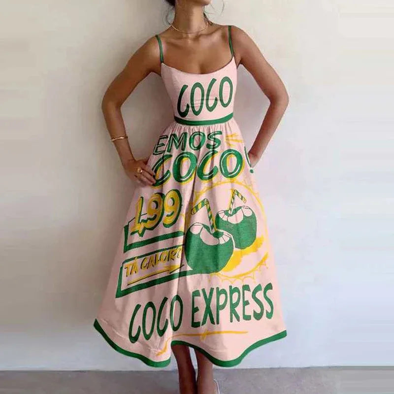 Printed Spaghetti Strap Backless A-Line Dress dresses Dropshipman Green M