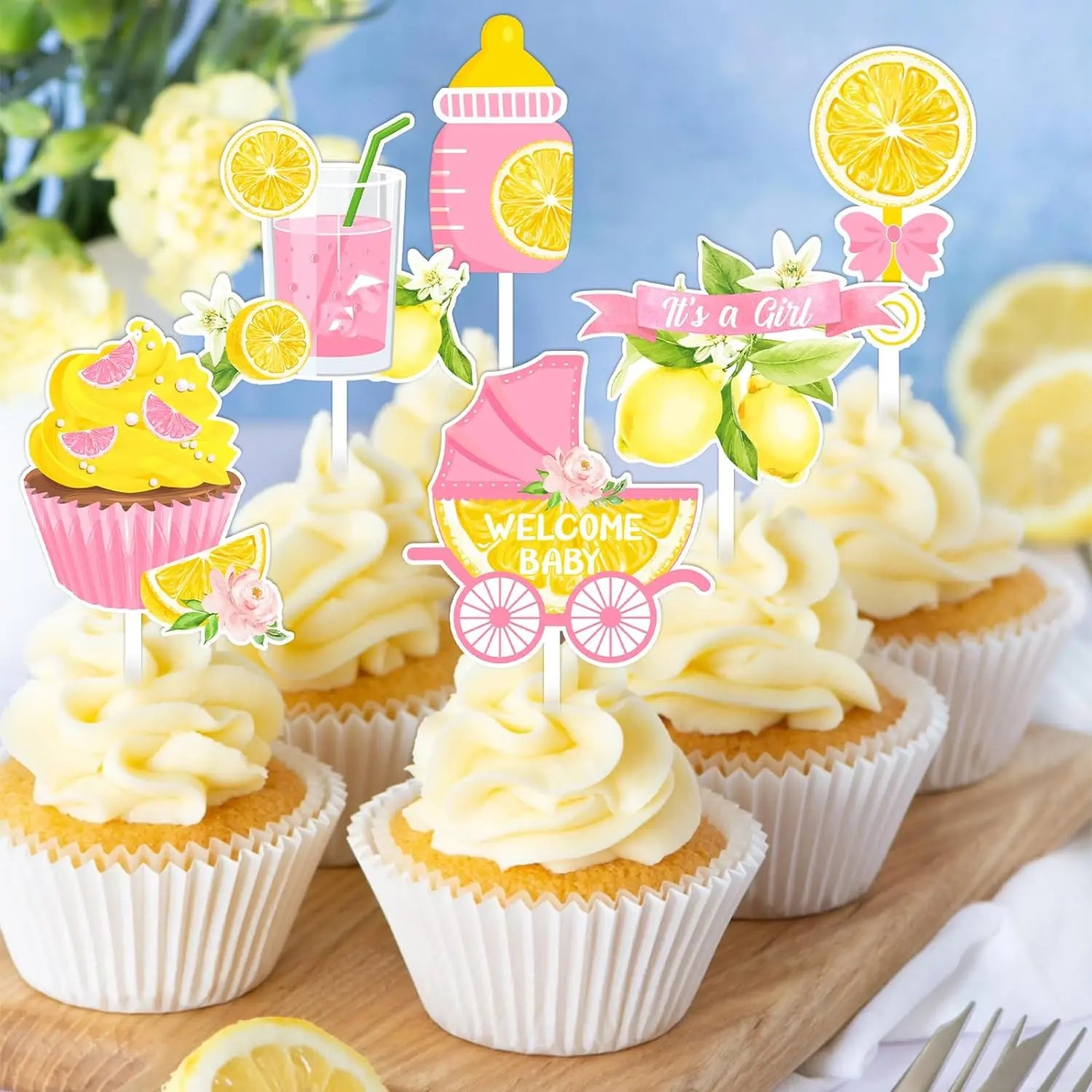 24PCS Pink Lemon Baby Shower Cupcake Toppers Dropshipman Pink