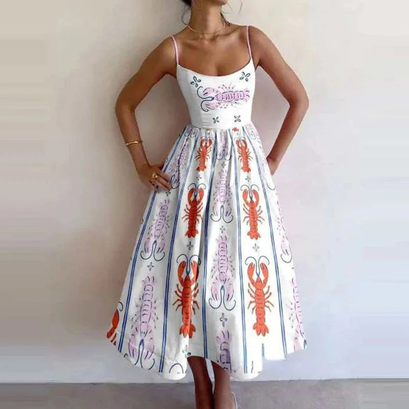 Printed Spaghetti Strap Backless A-Line Dress dresses Dropshipman White-bottom XL