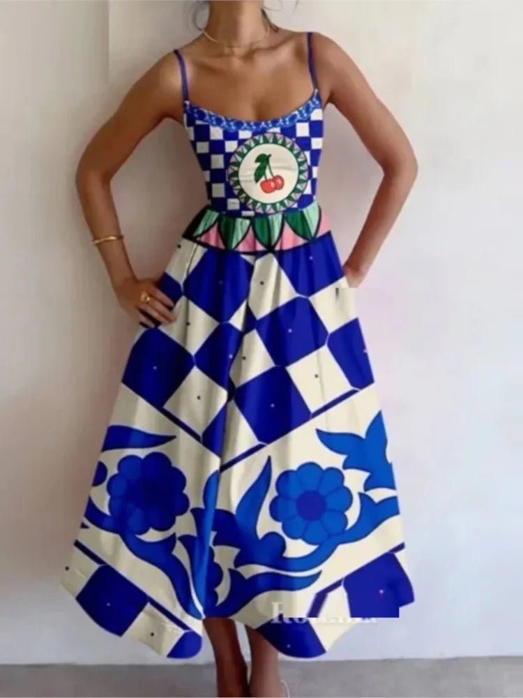 Printed Spaghetti Strap Backless A-Line Dress dresses Dropshipman