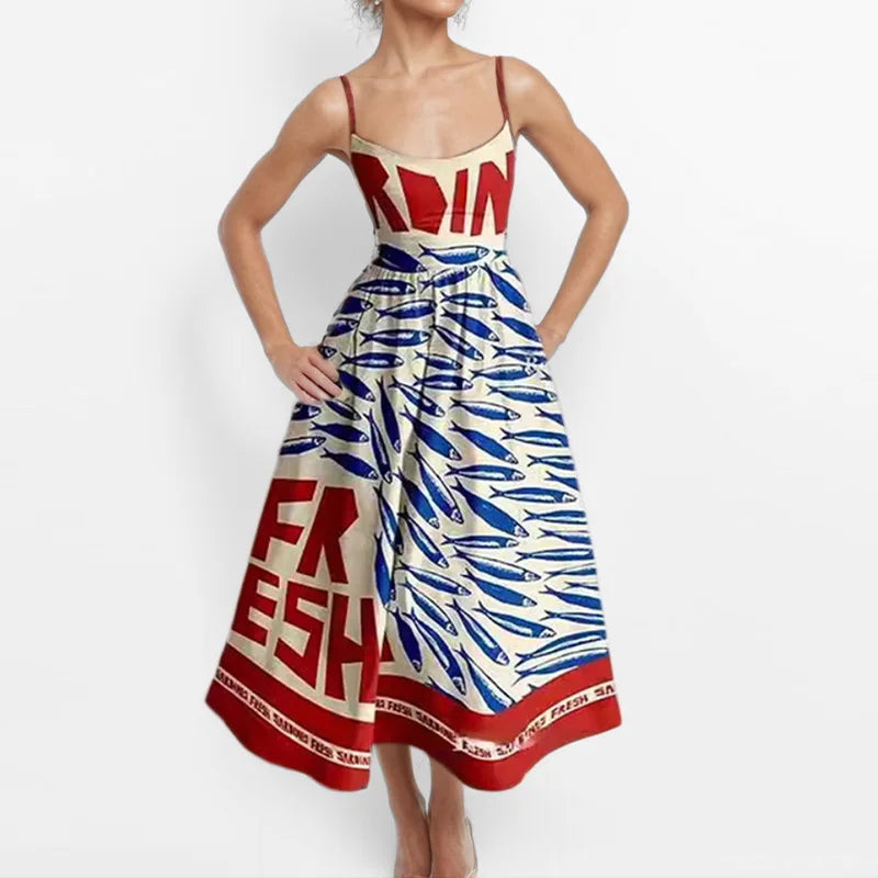 Printed Spaghetti Strap Backless A-Line Dress dresses Dropshipman Red M