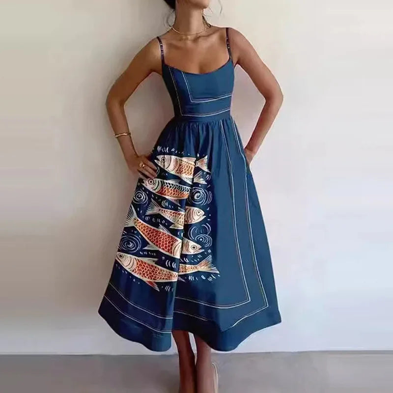 Printed Spaghetti Strap Backless A-Line Dress dresses Dropshipman Dark-blue M