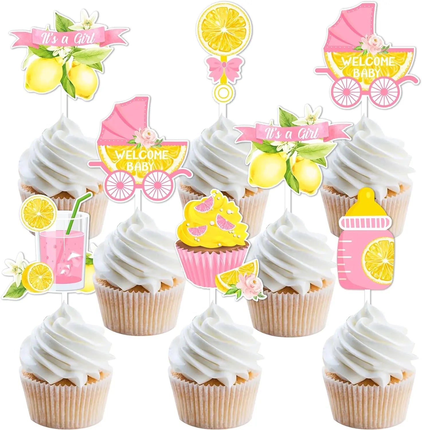 24PCS Pink Lemon Baby Shower Cupcake Toppers Dropshipman