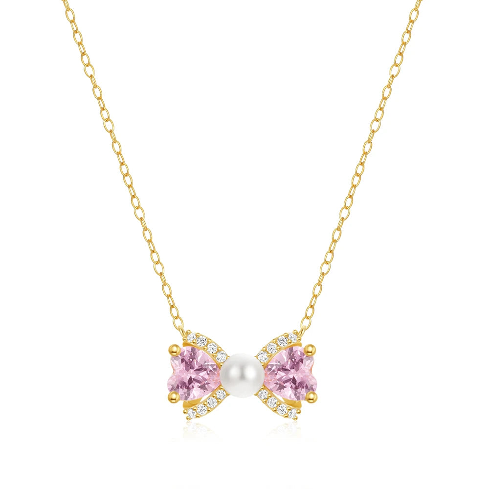 925 Sterling Silver Bow Zircon Pearl Necklace necklaces Shopella