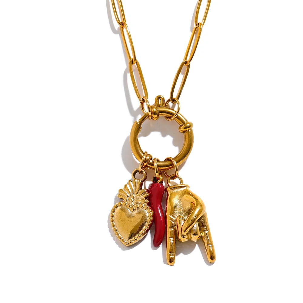 Palm, Chili &amp; Heart Charm Necklace Dropshipman