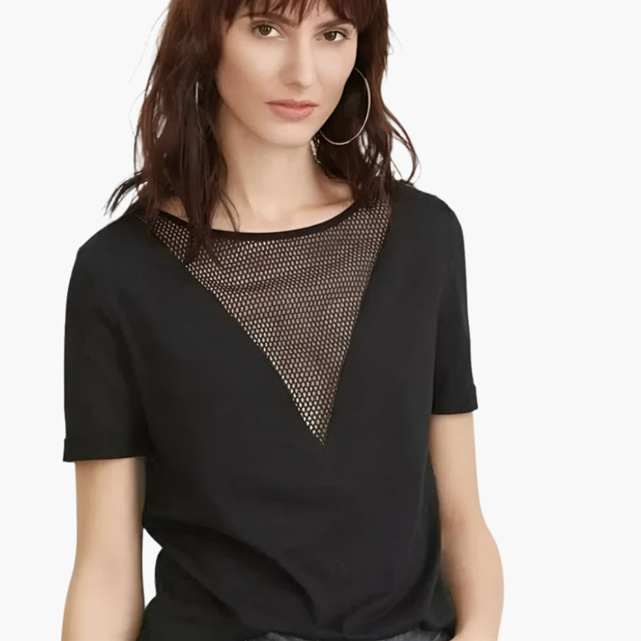 Black V-Neck Mesh Tee tops Shopella MEDIUM