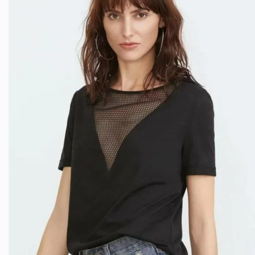 Black V-Neck Mesh Tee tops Shopella