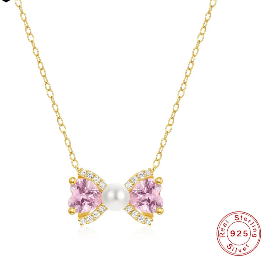 925 Sterling Silver Bow Zircon Pearl Necklace necklaces Shopella