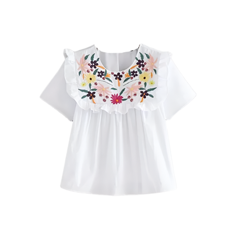 White Embroidered Frilled Top tops Shopella