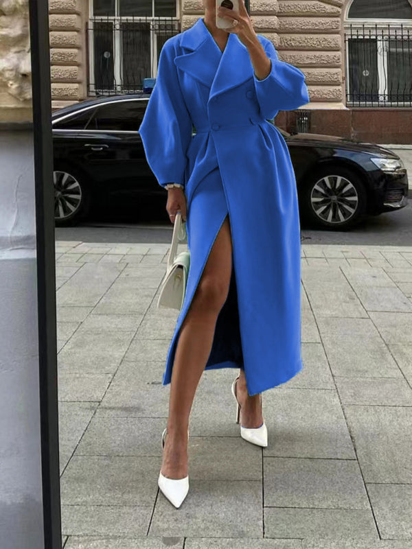 Retro court style lantern sleeve coat with large lapel and long coat kakaclo