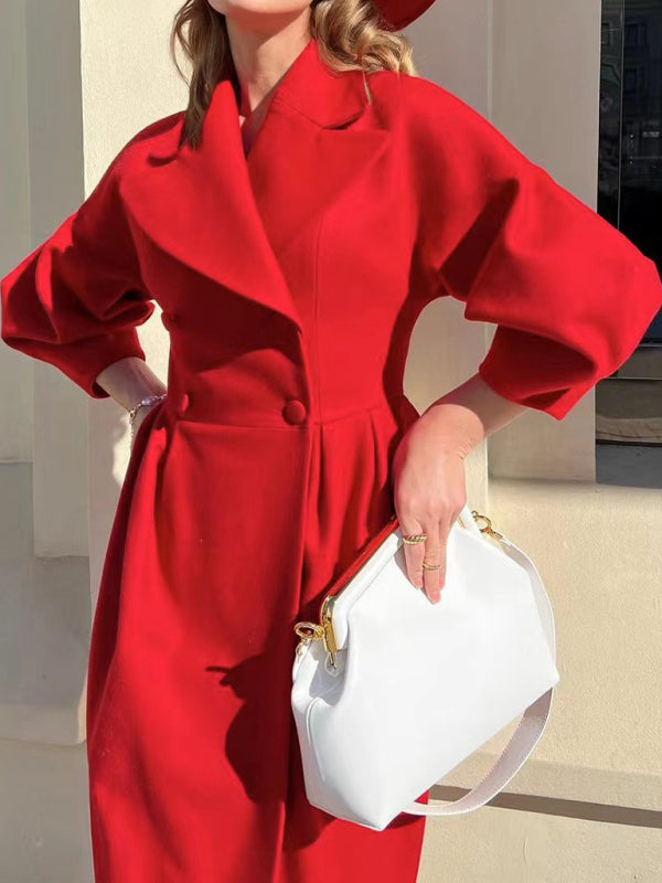 Retro court style lantern sleeve coat with large lapel and long coat kakaclo
