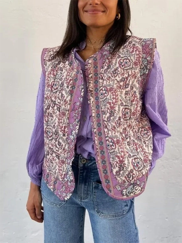 Vintage Print Quilted Cotton Vest kakaclo Purple S