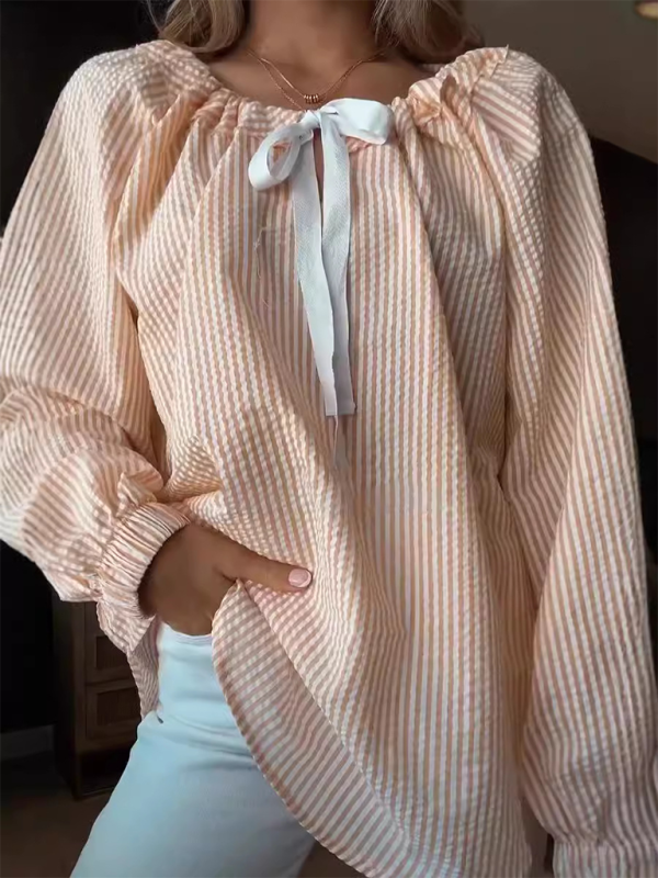 All-Season Striped Lace-Up Top shirts & Blouses kakaclo Orange S