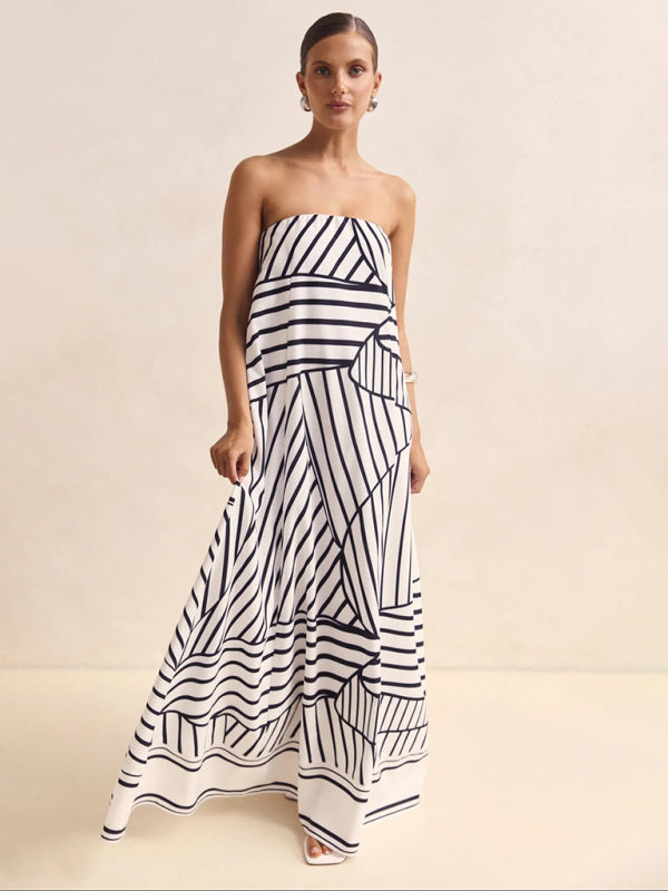 Sexy strapless black striped print dress kakaclo Black S