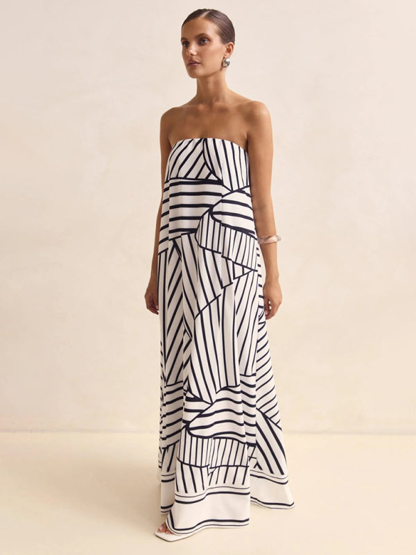 Sexy strapless black striped print dress kakaclo